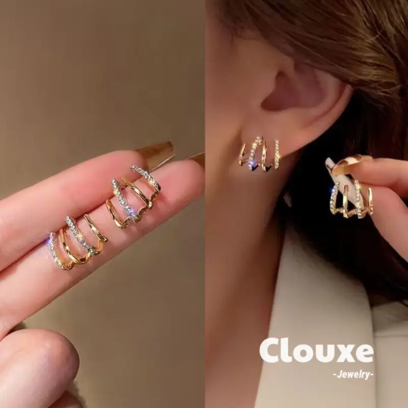 【Clouxe】Anting Empat Cakar Baris Berlian Bentuk Melengkung Desain Eksklusif Gaya Sederhana F382