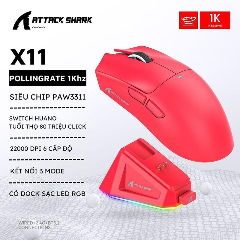 Chuột không dây ATTACK SHARK R1/Attack Shark X6/Attack Shark X11 kết nối 3 chế độ trang bị sensor cảm biến PAW3311 với độ nhạy lên đến 18000DPI dành cho game thủ r 1