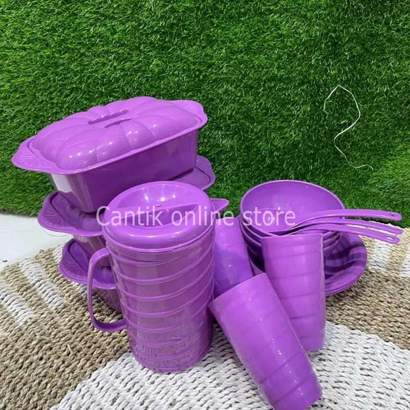 Prasmanan set isi 16 Pcs (3 Basi segi+3 Piring Makan+3 Mangkok+3 Gelas Ulir) Free Teko ulir BONUS 3 pcs Centong sayur Plastik 8