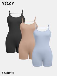 YOZY 3 Counts Women's Summer Outfits 2024 Solid Color Backless Cami Romper, Basic Spaghetti Strap Skinny Romper for Summer, Lady's Clothing Womenswear