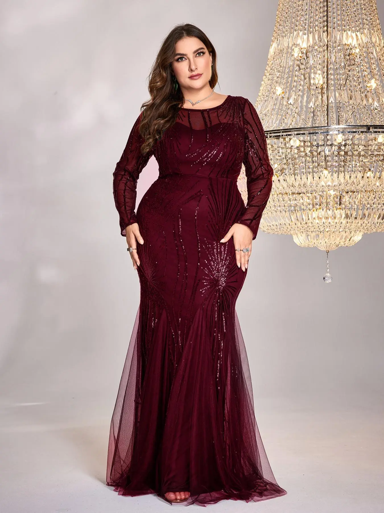 【Plus Size】 Solid Contrast Sequins Dress, Elegant Round Neck Long Sleeve Evening Party Gown, Women's Clothes for Spring & Fall