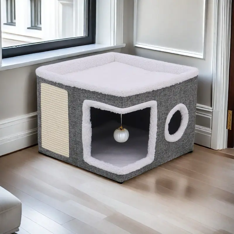 Luxury Multi-Story Cat House with 2-Tier Bed, Play Tunnel, Foldable Sofa, Scratching Rope, and Comfort Pad - Cozy Indoor Cat Cube Bed with Plush Hanging Ball, Nylon Frame, Canvas Material, Four-Season Enclosed, Ideal Home
