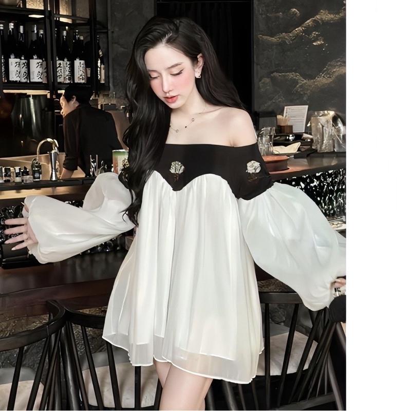 ￼Áo váy baby doll tơ trễ vai tay phồng kèm tag gắn fom rộng giấu quần Nữ Xinh