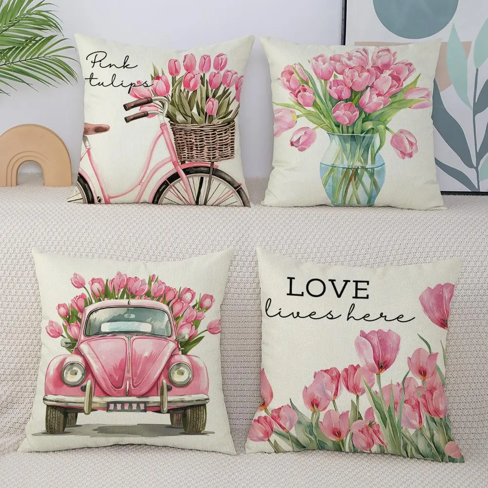 Flower Print Cushion Cover without Filler, 4pcs/set Boho Style Throw Pillow Cover, Square Pillow Cover for Car Sofa Couch