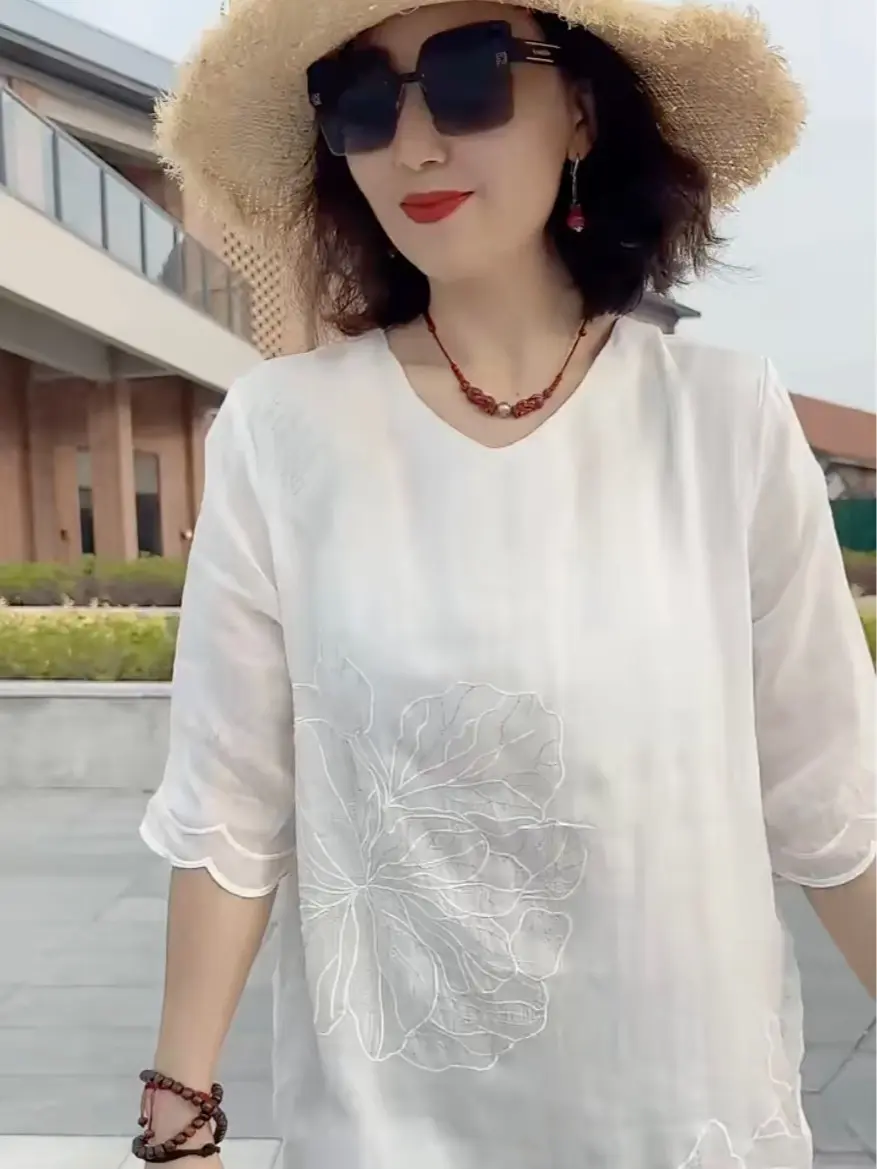 [ Mã V1 ] Đầm suông họa tiết thêu hoa , chất liệu đũi linen 2 lớp , mặc 4 mùa Nữ Women