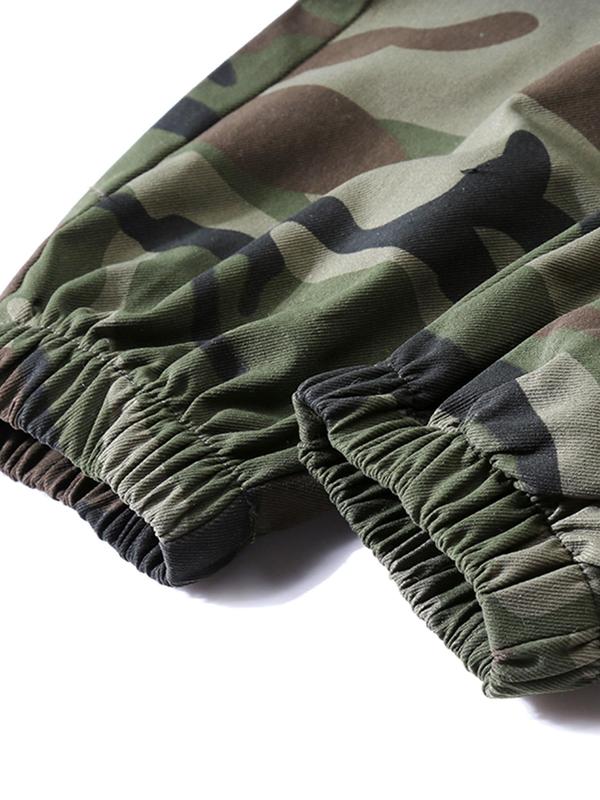 Men's Camo Print Pocket Elastic Waist Cargo Pants, Regular Fit Casual Fashion Trousers for Outdoor Hiking, Woven Bottoms for Men 7