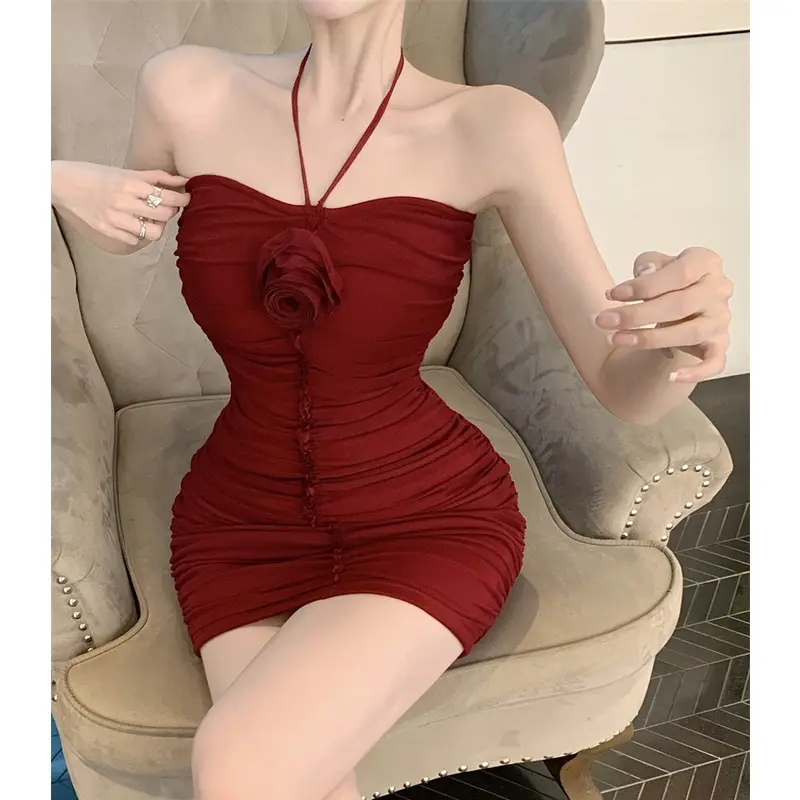 Fashionable All-match Pleated Neck Dress Women's Hip Dress