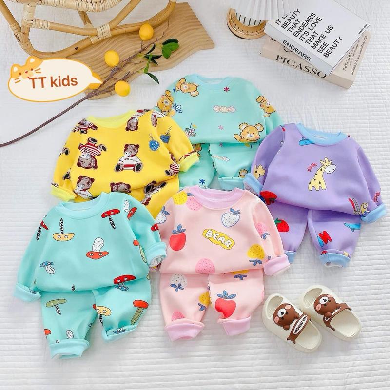 Set 5 bộ quần áo dài tay thu dông chất liệu nỉ lông họa tiết ngẫu nhiên cho bé trai,bé gái 5-15kg Heo