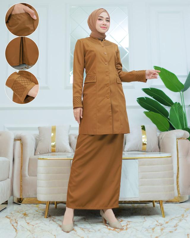 Seragam Kerja Tunik Stik Kotak Blazer Khaki Tua Setelan Rok Span/Rok.A/Celana Panjang/Atasan Saja Katun Free Hijab Putih Wanita 7