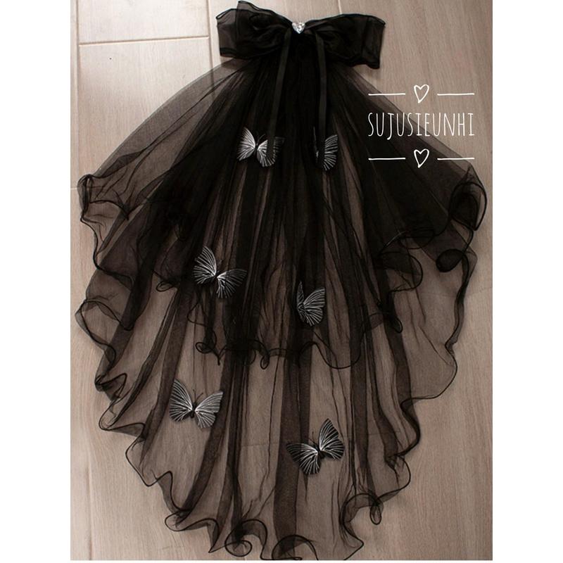 Khăn voan lúp cài đầu hình nơ trái tim gắn bướm đen hoá trang cô dâu phụ kiện tóc halloween huyền bí Hoa 5