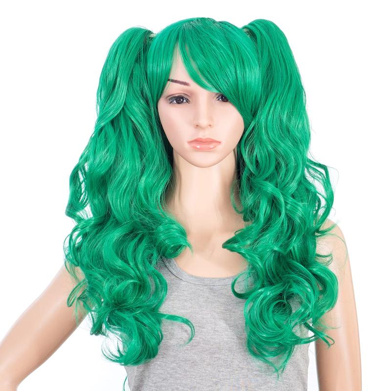 TikTok Shop Long Curly Double Claw Clip on Ponytail Wig Synthetic Pastel Colorful Cosplay Daily Party Wig for Women with Wig Cap Green