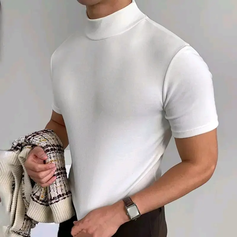 Premium Kaos Turtleneck Pria Lengan Pendek Polos Katun Santai Hitam Putih Polos Crew Neck  V neck Baju Motif Kerah Casual Distro Keren