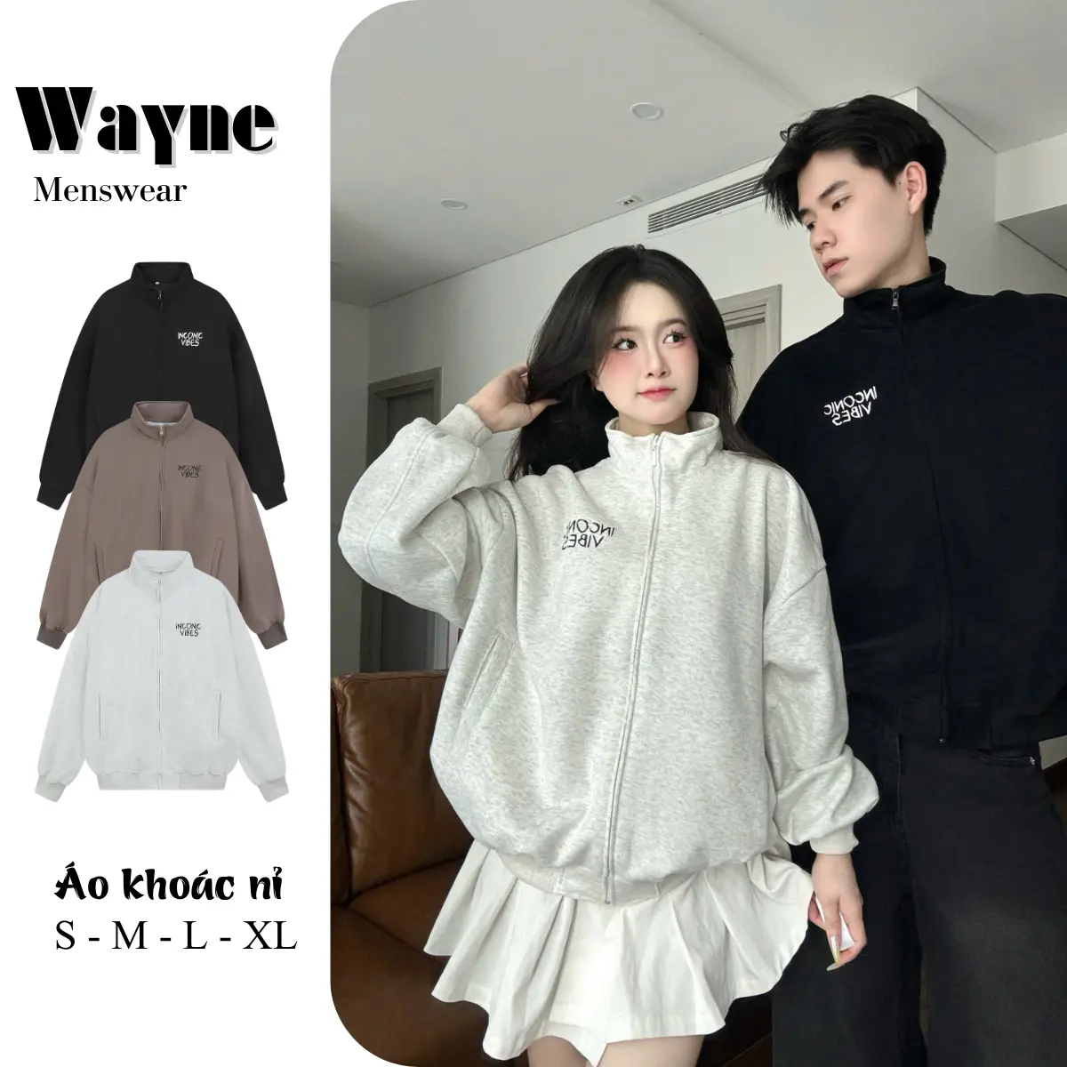 Áo khoác Nỉ, Áo khoác Zip form Boxy Nam Nữ, Nỉ 3 màu thiết kế Hot trend Jacket Wayne Menswear