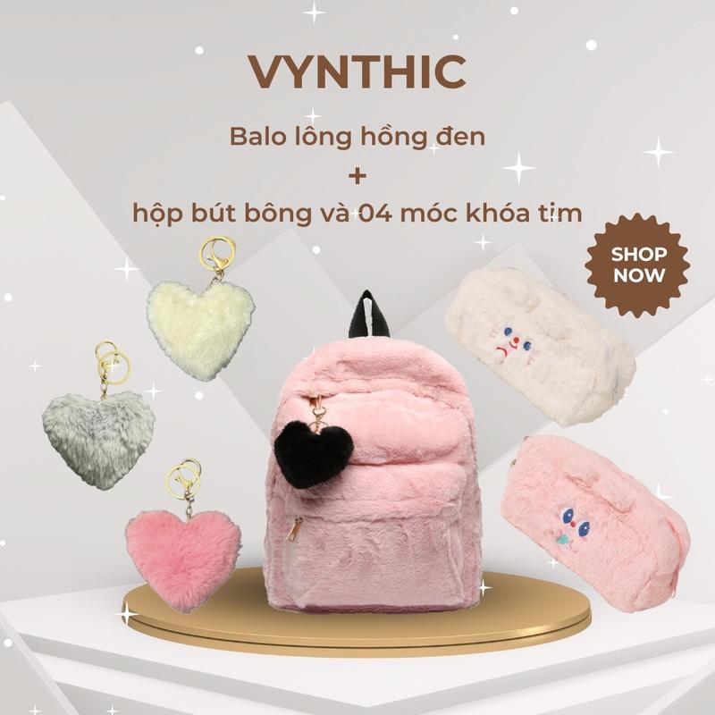 Balo lông VYNTHIC - balo đi học, đi chơi, đi du lịch, ulzzang đựng laptop 15,6 inch ( kèm 4 móc khoá tim và hộp bút lông )