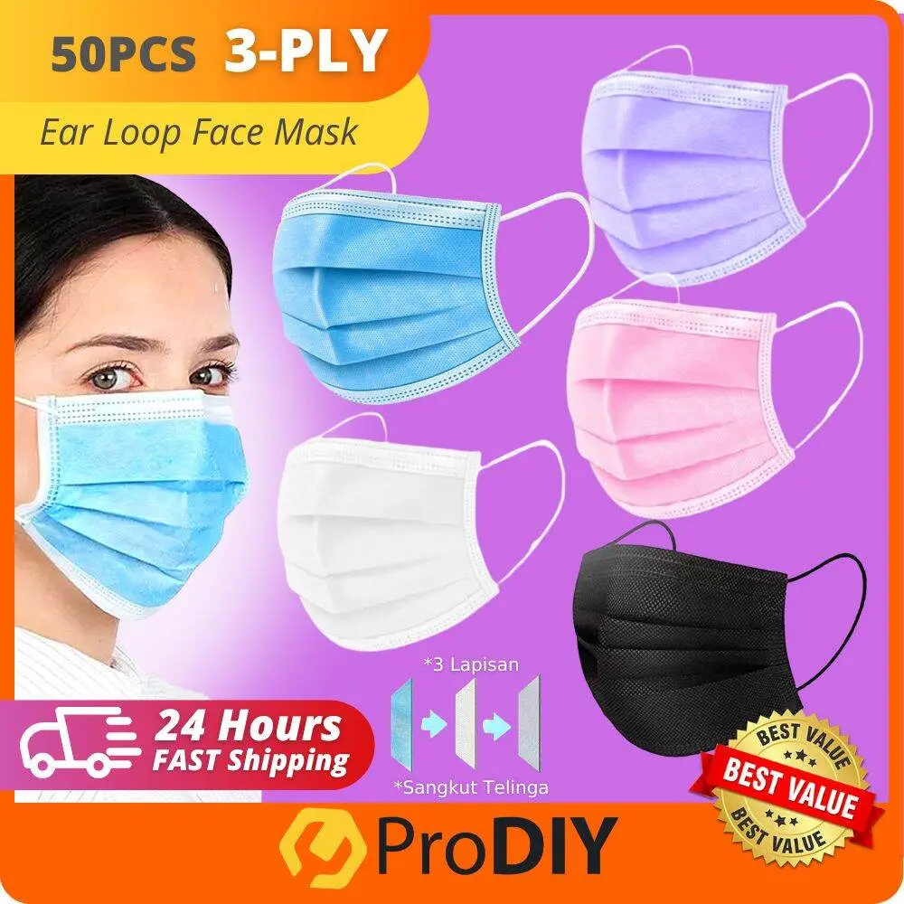 Khẩu Trang Vòng Khuyên Tai Dùng Một Lần, PRODIY, 3 Lớp, Bảo Vệ Chống Đờm, Chống Ô Nhiễm, Bụi, Mờ, Vi Khuẩn Và Phấn Hoa, 3 lớp, Topeng Muka Vòng Khuyên Tai, 50 Cái
