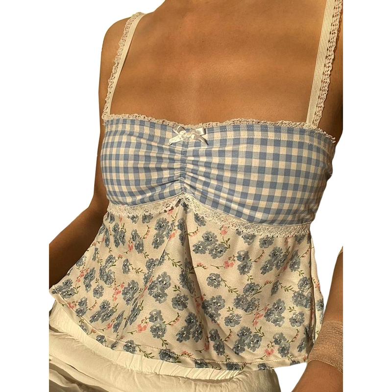 coat, Women Plaid Floral Print Camisoles Lace Trim Sleeveless Sling Tank Tops Summer Slim Fit Vests Crop Tops Streetwear 3