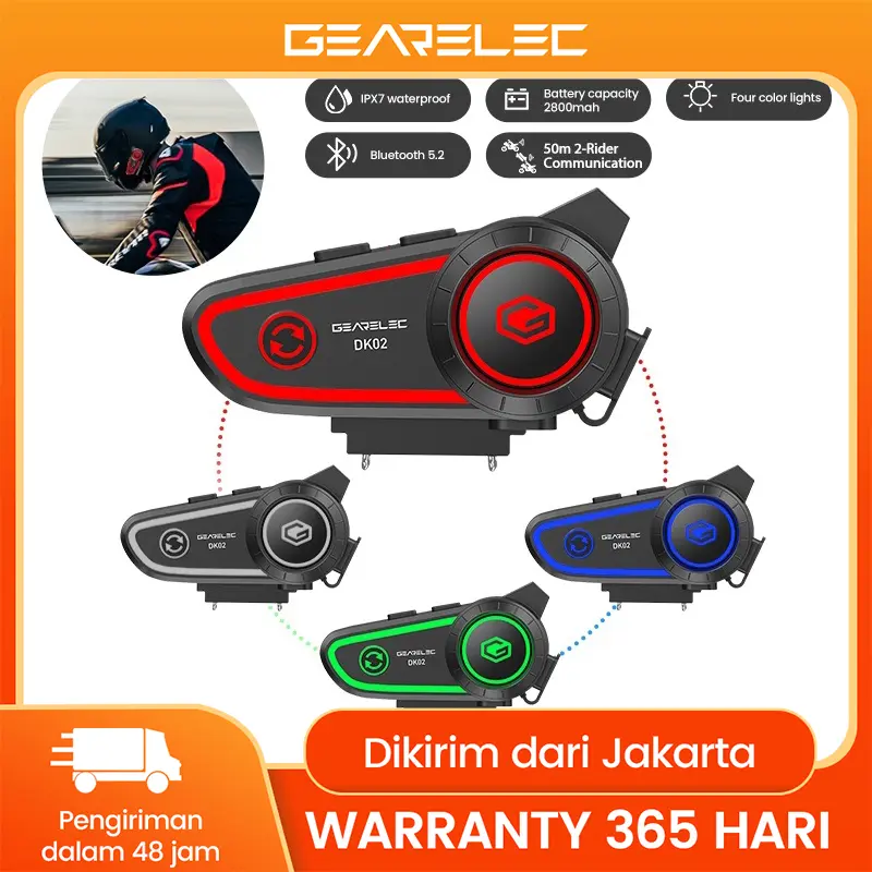 GEARELEC DK02 2 Orang Sepeda Motor Helm Bluetooth Tahan Air intercom Headset 50-200m Kursi depan dan belakang