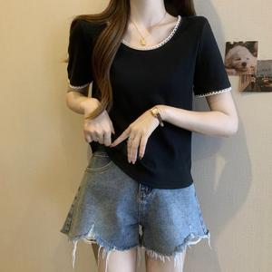 เสื้อกล้ามผู้หญิง โอเวอร์ไซส์ ลูกไม้ คอกลม แขนสั้น ทรงหลวมและกระชับสัดส่วน มาใหม่