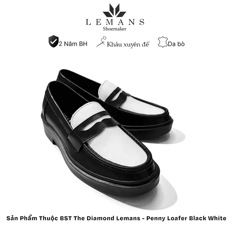Giày da bò Penny Loafer da bò Trắng đen LEMANS, đế tăng chiều cao 4cm cho nam, giày lười nam, giầy da, bảo hành 24 tháng Cao Su Shoes 3
