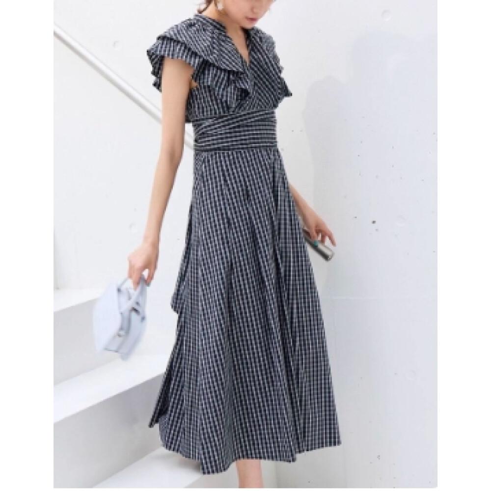 CHICMORE gaun midi motif kotak kecil model ruffle untuk wanita kelas atas bergaya modis