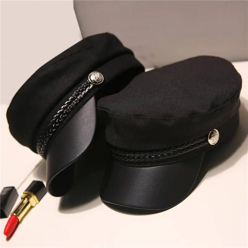 Mũ Da PU, Unisex, Thời Trang, Thích Hợp Cho Mùa Xuân Và Mùa Thu, Mũ Thủy Thủ, Dành Cho Nam Và Nữ, Màu Đen, Mũ Lưỡi Trai Phẳng, Mũ Đội Trưởng Du Lịch, Mũ Thiếu Sinh Quân