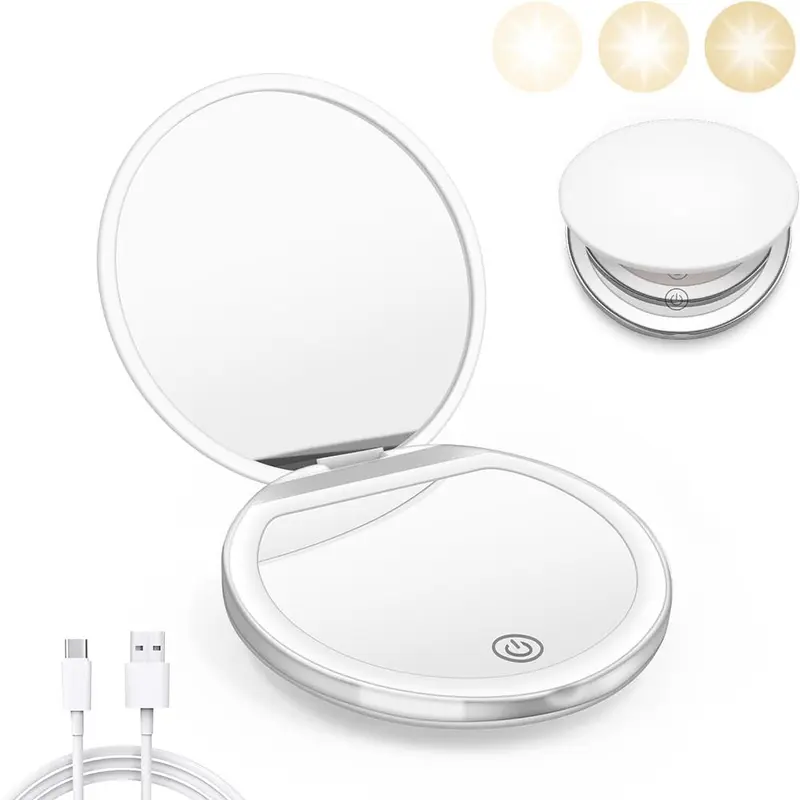 Round LED Makeup Mirror, Portable Foldable Cosmetic Mirror, USB Rechargeable Touch Adjustable Mirror for Travel Home Car 7