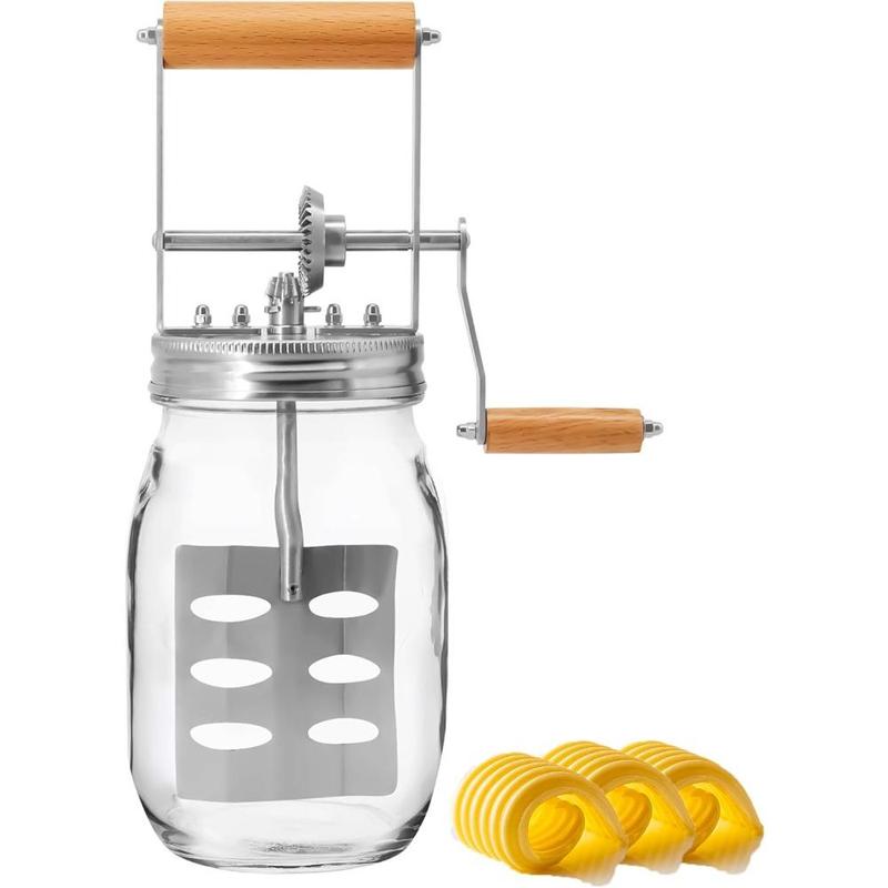 Product Introduction of Glass Butter Churner, 1 Count Manual Butter Maker with Wooden Handle, Butter Making Tool for Home Kitchen Baking House 0