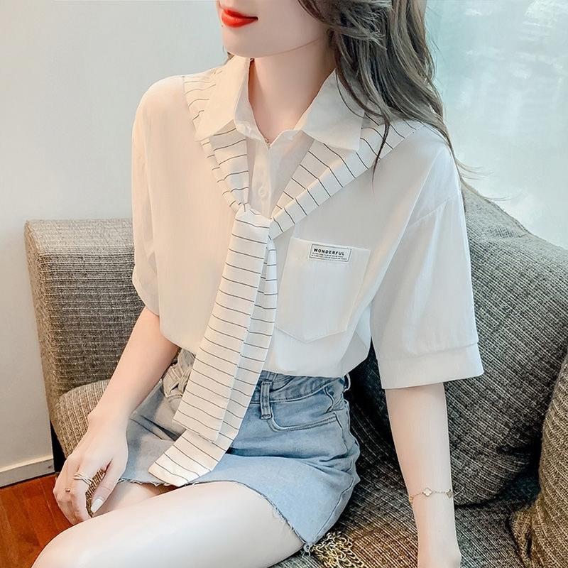 Áo sơ mi tay lỡ phối khăn kẻ sọc hàng Qc siêu xinh K1 Nữ Top Women  Shirt aosomi coctaynu aoxinh hot buộc vạt khăn cổ