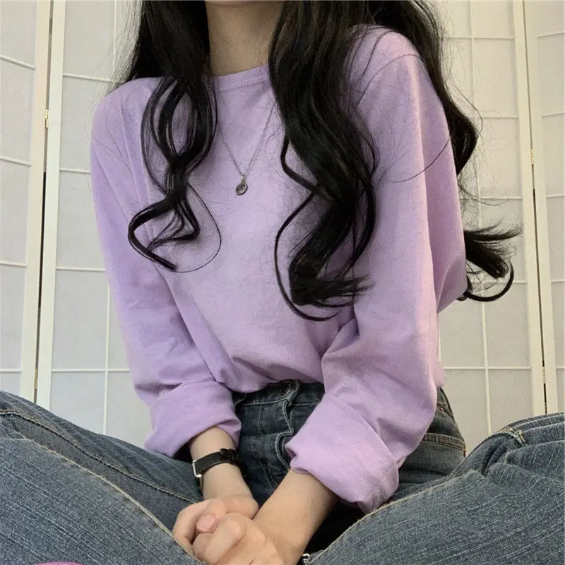 Áo Thun Dài Tay Trơn Phong Cách Hàn Quốc, Dáng Rộng Vừa Vặn, Dễ Phối Đồ Thích Hợp Cho Học Sinh, Hàng Mới Về Năm 2024, Cho Mùa Xuân Và Mùa Thu, Quần Áo Nữ, Hàng Đầu Top Women