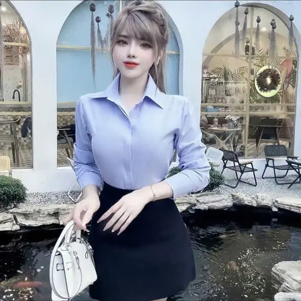 áo sơ mi nữ tay dài kiểu công sở nẹp giấu nút chất vải lụa cát hàn 5