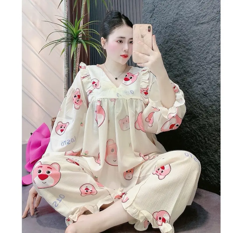 Set Bộ áo quần dài BaByDoll Đũi Xốp In hoạ tiết dễ thương . Nữ 4