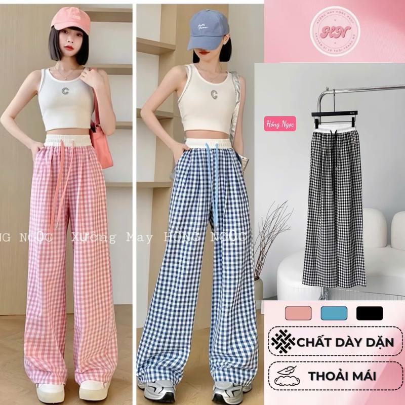Quần dài nữ ống rộng kẻ caro cạp trắng vải đũi Hàn siêu nhẹ siêu mát 2025