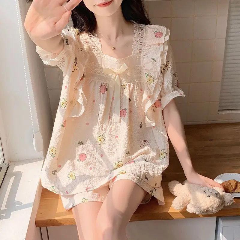 Product Introduction of Bộ đồ ngủ bằng vải bông mùa hè của phụ nữ Dễ thương Patrick Ngôi sao ngắn tay ren trang trí bong bóng Nếp nhăn Mục vụ Loungewear hai mảnh Áo 23