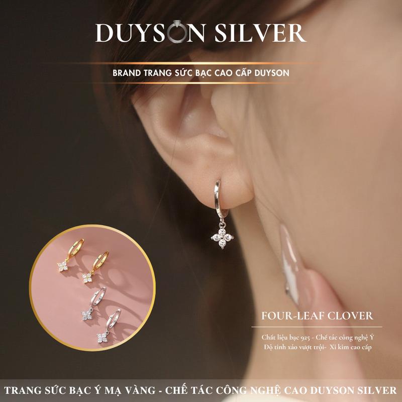 Khuyên tai bạc Ý 925 Duyson Silver vòng tròn đính charm cỏ 4 lá Giá bán 1 đôi KVDDXK23