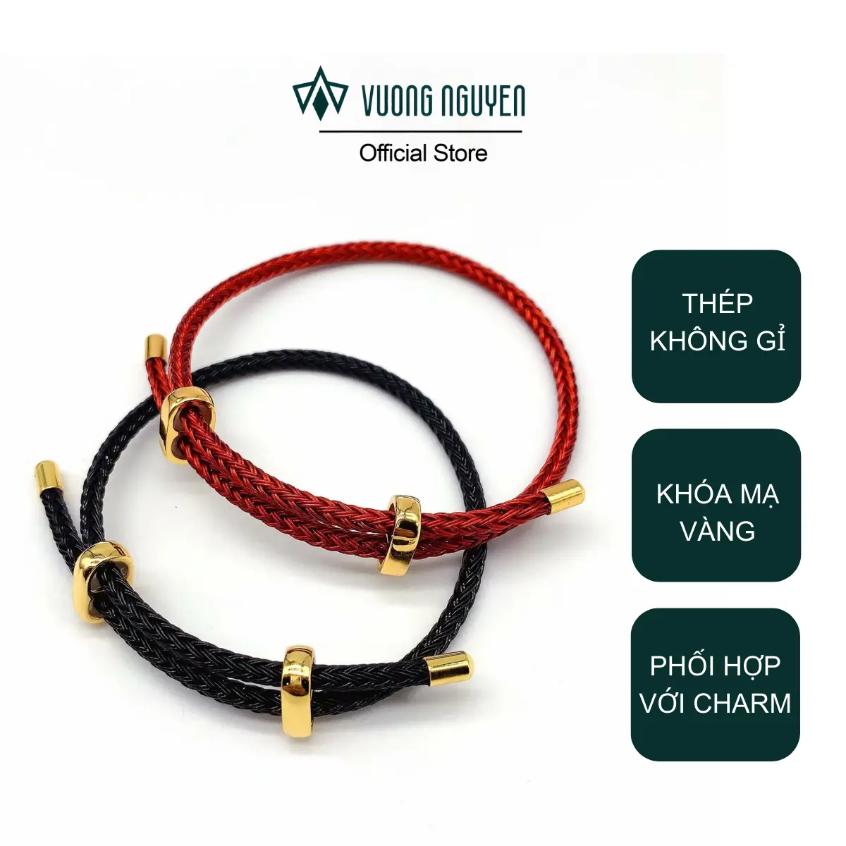 Vòng tay dây thép không gỉ 2mm khóa rút điều chỉnh độ lớn vòng, vòng tay cước cứng đeo charm - VN Gems