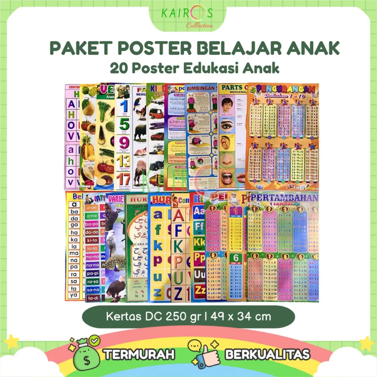 Poster 20 Edukasi Anak Belajar Aneka Hewan, Huruf, Angka, Matematika, Buah, Sayur Karton Sekolah Stationery