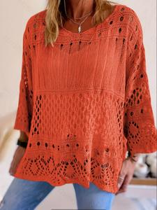 Top de punto de cuello redondo con calado talla grande para mujer, estilo casual elegante de vacaciones, hombros de murciélago sueltos, manga larga