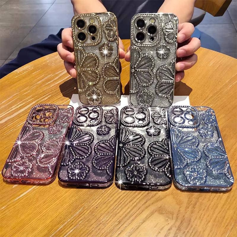 Product Introduction of Luxury Glitter 3D Diamond Flower Phone Case For iPhone 16 15 14 13 12 11 Pro Max Plus Gradient Shockproof Electroplated Cover 0