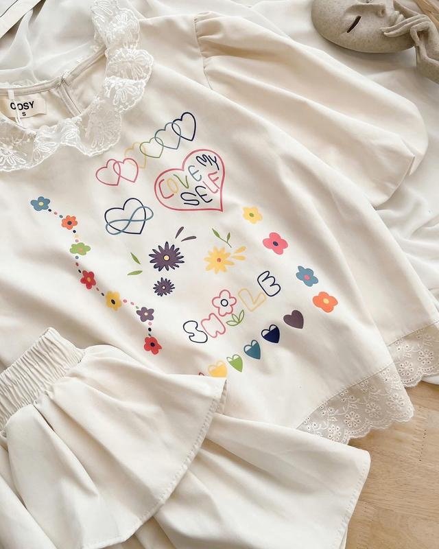 Set áo linen cổ viền ren tay bồng in hoạ tiết cute phối chân váy xoè tầng cạp chun màu be mùa hè (loại 1) 5