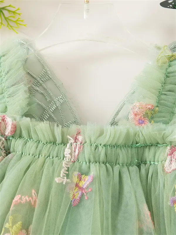 Baby Girl's Floral Embroidery Tulle Dress, Cute Butterfly Sleeve Dress for Party, Infant Toddler Kids Summer Clothes 2