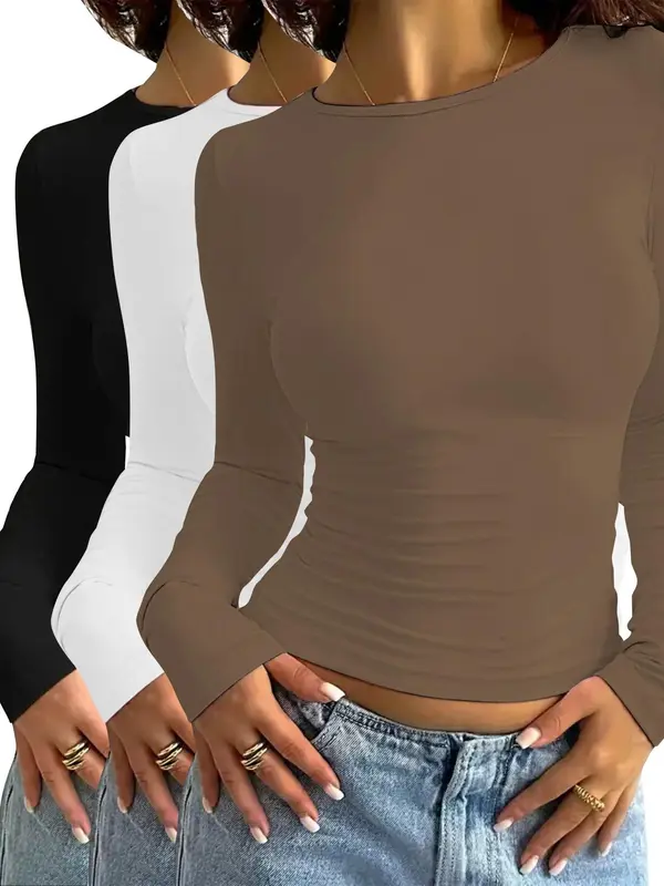 Women's Solid Long Sleeve Round Neck Tee, Casual Basic T-shirt for Daily Wear, Ladies Clothes for All Seasons, Cute Tops, Women's T Shirts, Womenswear 2