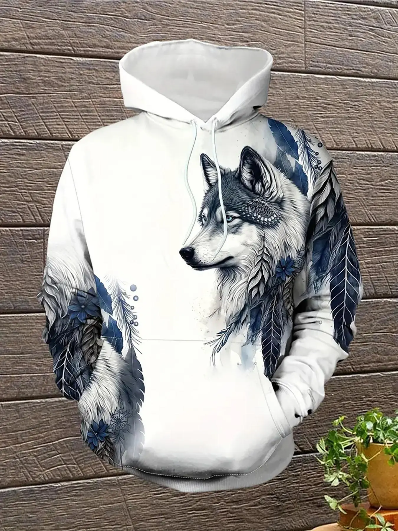 Men's Wolf & Leaf Print Drawstring Hoodie, Casual Long Sleeve Hooded Sweatshirt for Spring & Fall, Fashion Men's Clothes for Daily Wear