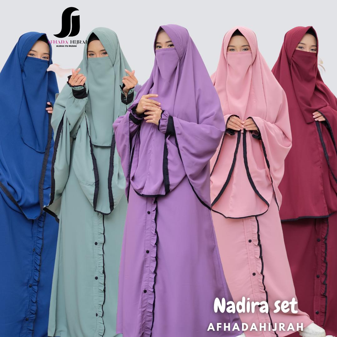 Afhadahijrah - Gamis set cadar syari nadira terbaru baju dan jilbab bergo syari free niqab lembut  muslim  wolfis  khimar manset wudhu  dress  wanita variasi Karet set  hijab