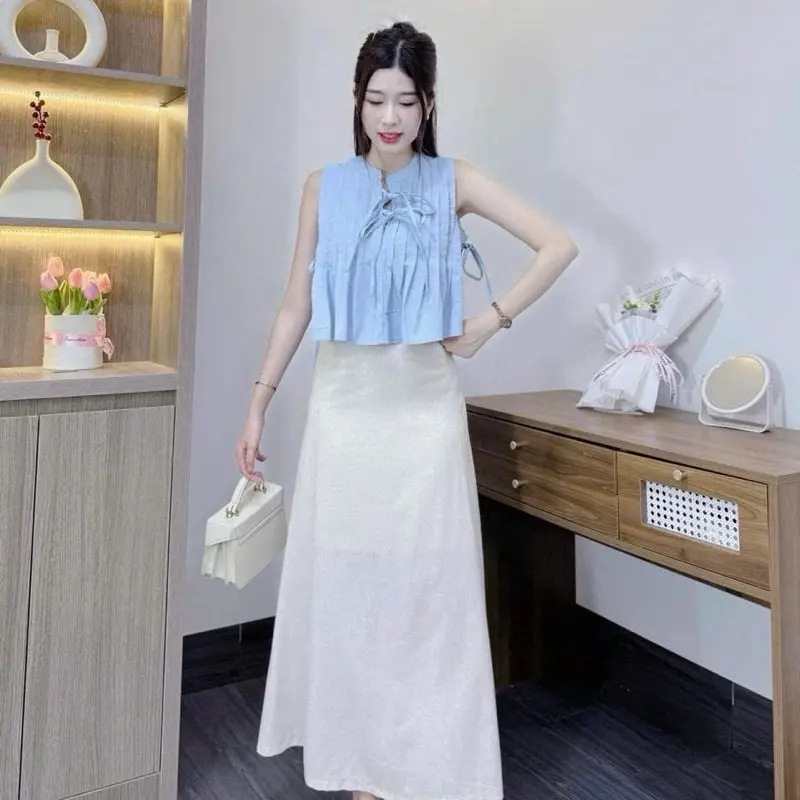 L940- Sét váy nữ, sét váy xếp ly, áo form xòe sát nách nút bọc xếp ly, chân váy trơn dáng dài (40-62kg) Women Voi 5