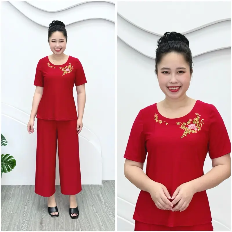 T65 Đồ bộ trung niên, set bộ cho mẹ thun aty mỹ mềm mát, quần ống rộng 9 tấc, 50-85kg Nữ Áo Women Nhung 4
