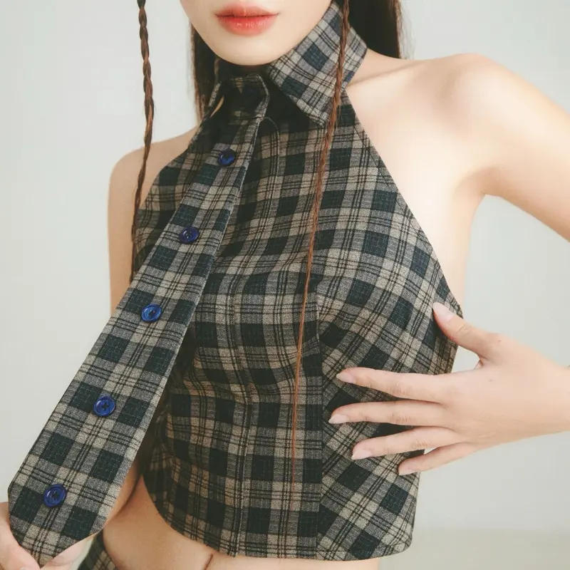Áo croptop cổ sơ mi hở lưng dây kéo phía sau phối caravat ( Desejo top ) Nữ Women Thun 0