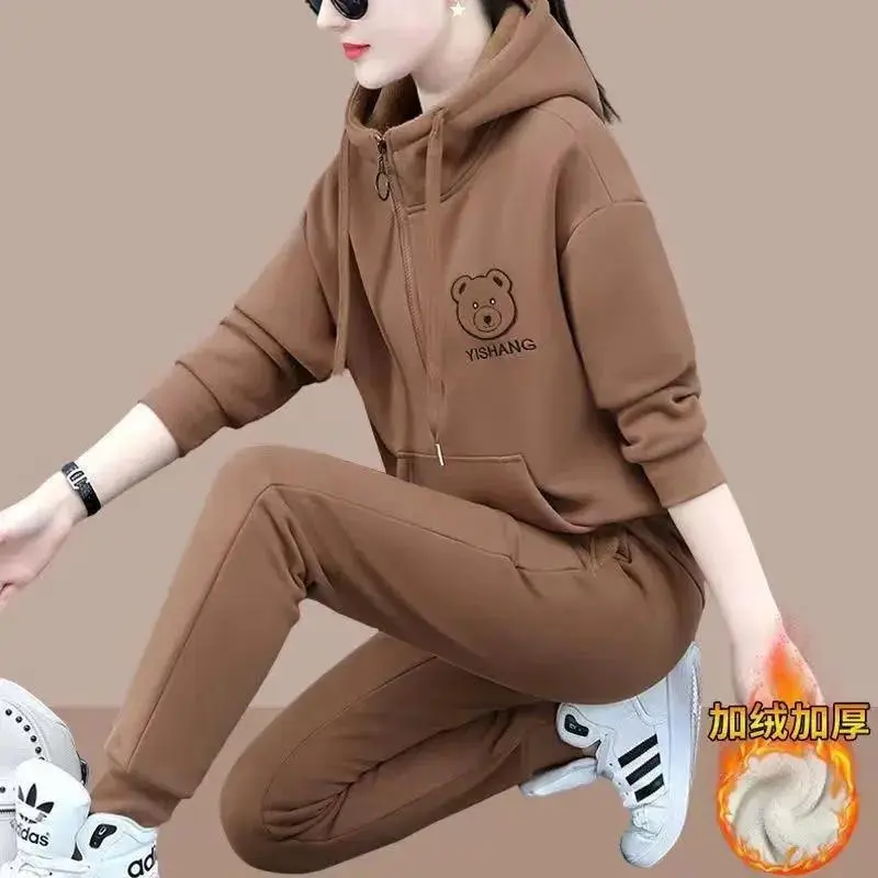 Bộ Áo Len Dày Lót Lông Cừu, Bộ Hai Mảnh, Dành Cho Nữ, Mùa Thu Và Mùa Đông, Phong Cách Hàn Quốc Mới, Có Mũ Trùm Đầu, Làm Bằng Len Cừu, Quần Áo Thể Thao, 2024