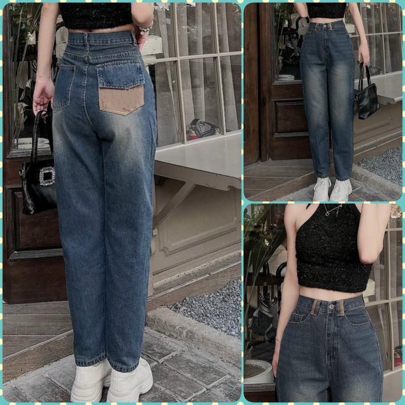 [BGTD3384] QUẦN BAGGY JEANS NỮ LƯNG CAO TÚI NẮP KEM SAU KÈM ĐĨA KEM MÀU XANH ĐẬM LAI CUỐN TÔN DÁNG CÁ TÍNH