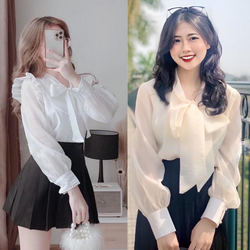 Áo Sơ Mi Nữ Voan trắng kiểu buộc nơ tay phồng thiết kế dáng suông tiểu thư đẹp trẻ trung phối cúc ngọc