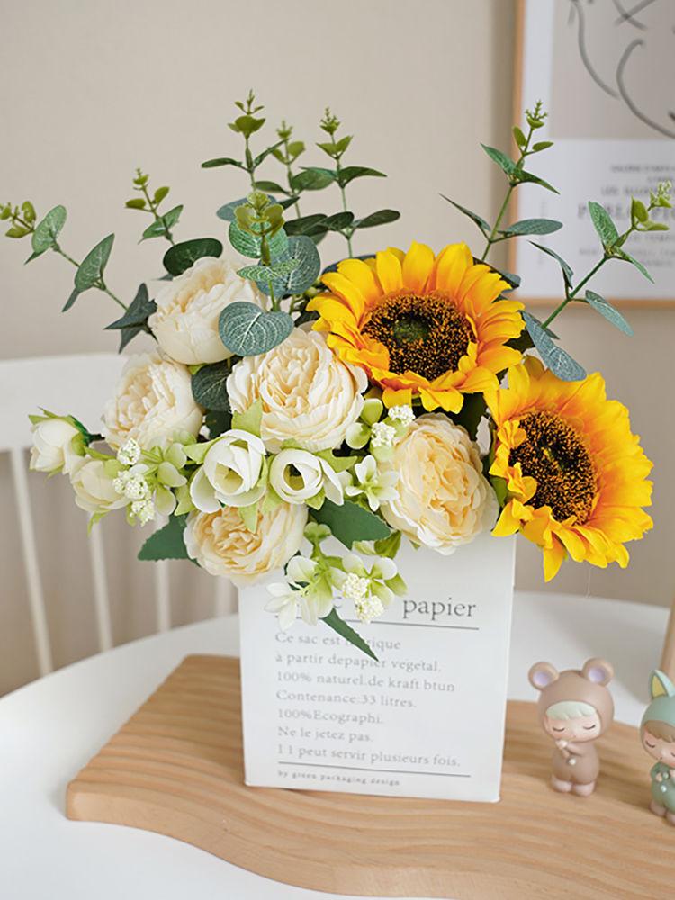 Product Introduction of [Hot sale in stores] Ins Style Sunflower Artificial Flowers Bouquet Home Decor Living Room Desktop Paper Bag Decoration Photo Props 16